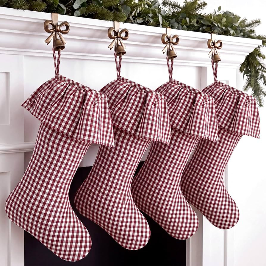 4 Pcs Burgundy Gingham Christmas Stockings 18 " Large Ruffled Xmas Stocking | Amazon (US)
