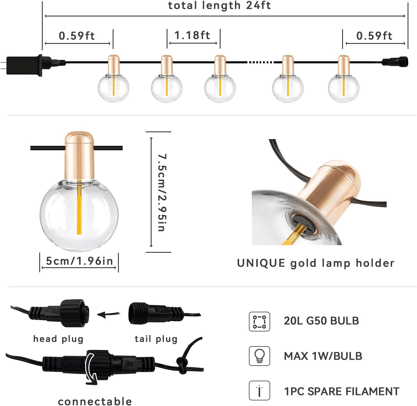 L.A. NOVA String Lights Indoor, G50 with 20 Shatterproof Bulbs LED Vintage 24Ft Lights for Bedroo... | Amazon (US)