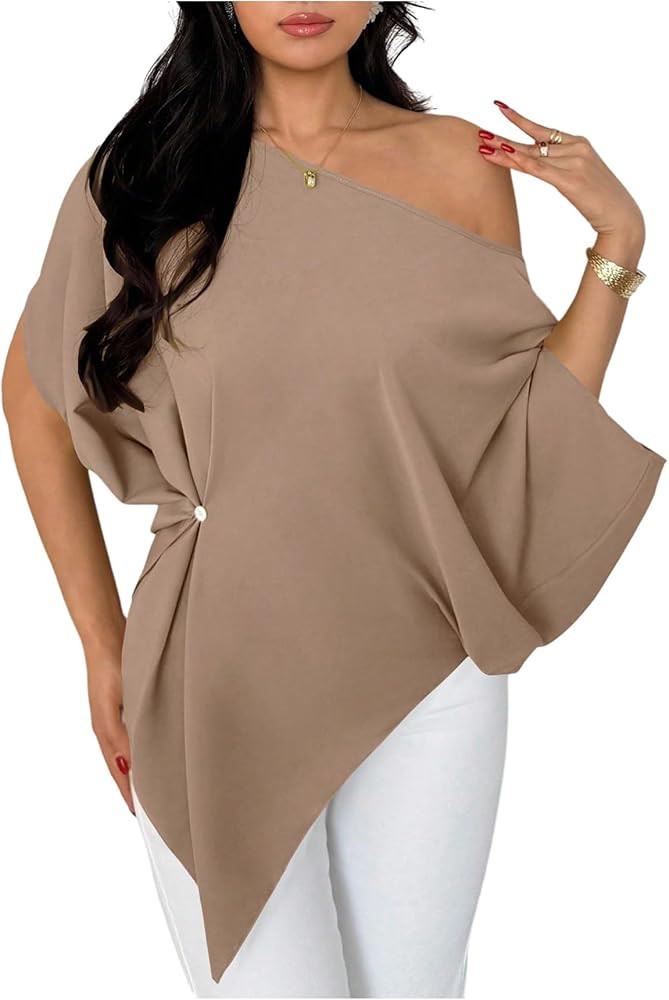 SHENHE Women's Off Shoulder Dolman Sleeve Blouses Asymmetrical Flowy Tops | Amazon (US)