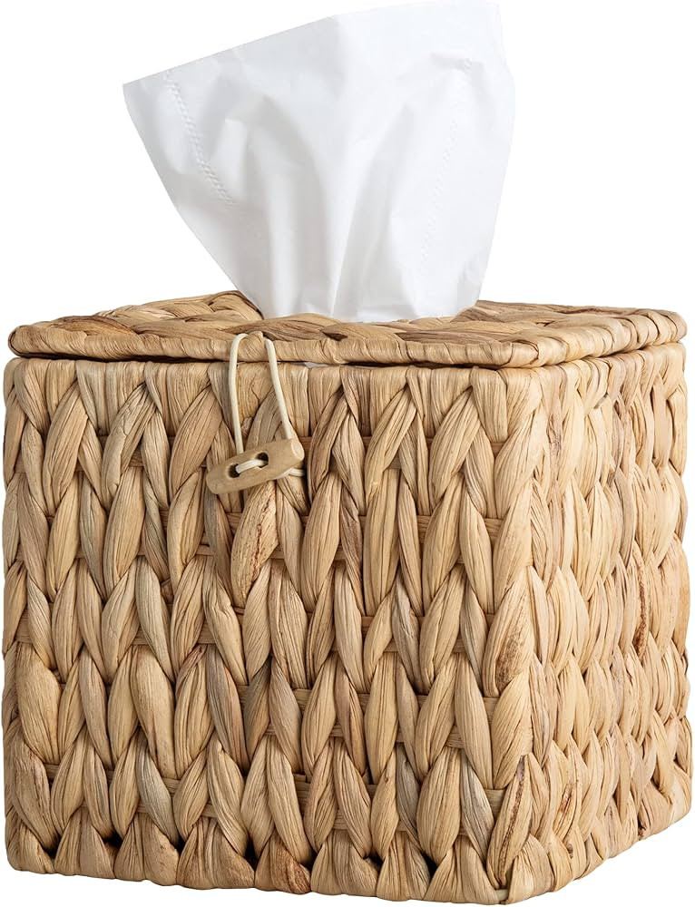 StorageWorks Water Hyacinth Tissue Box Cover, Square Tissue Box Holder with Lid, Handwoven Facial... | Amazon (US)