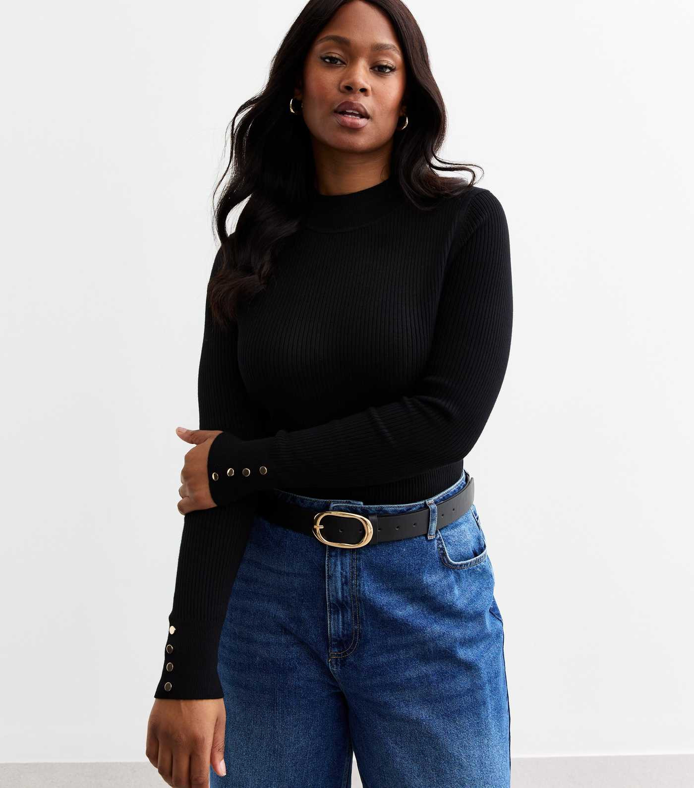 Curves Black Button Detail Rib Knitted Jumper | New Look | New Look (UK)