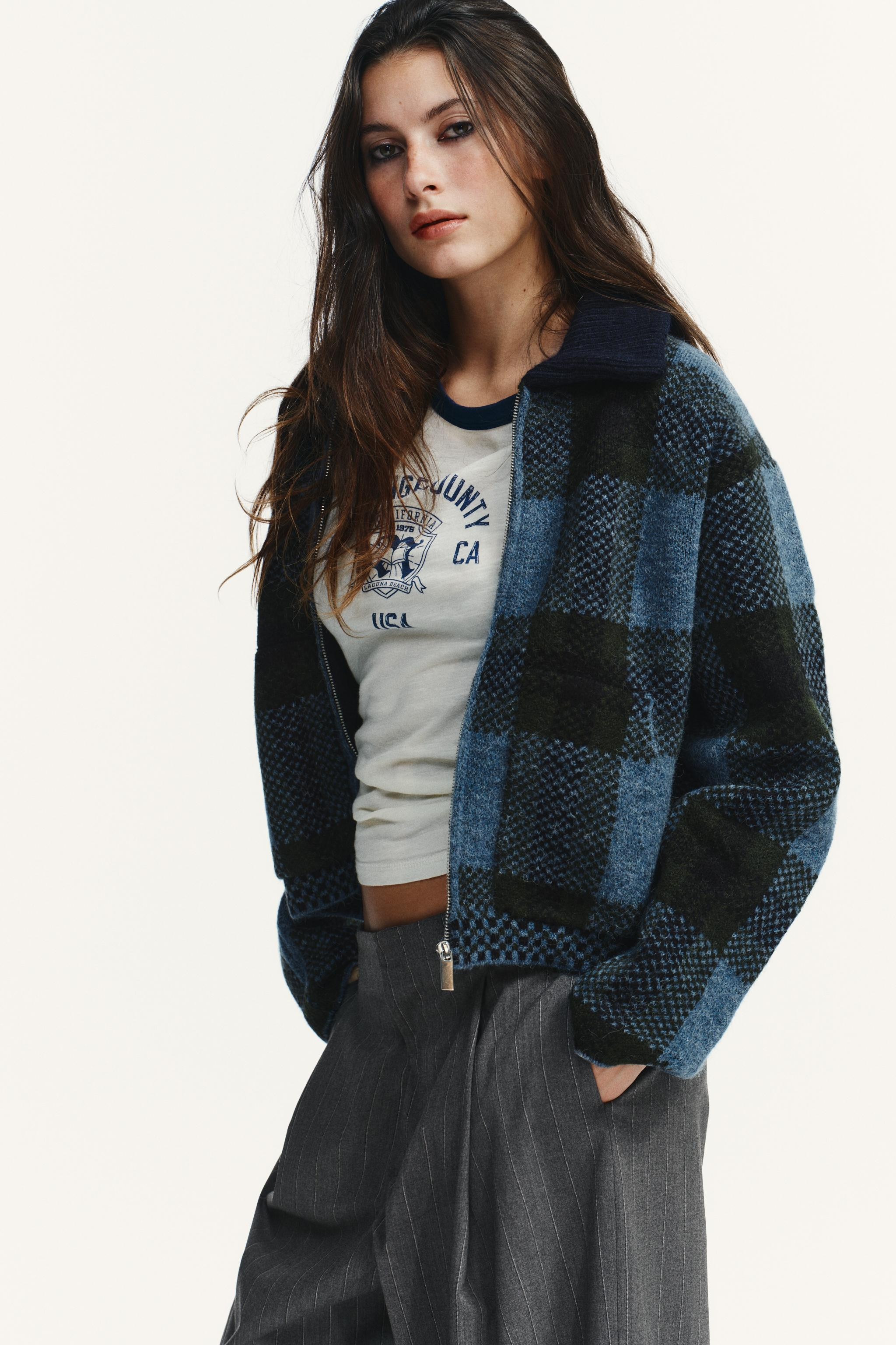 CHECKED KNIT BOMBER JACKET | Zara UK