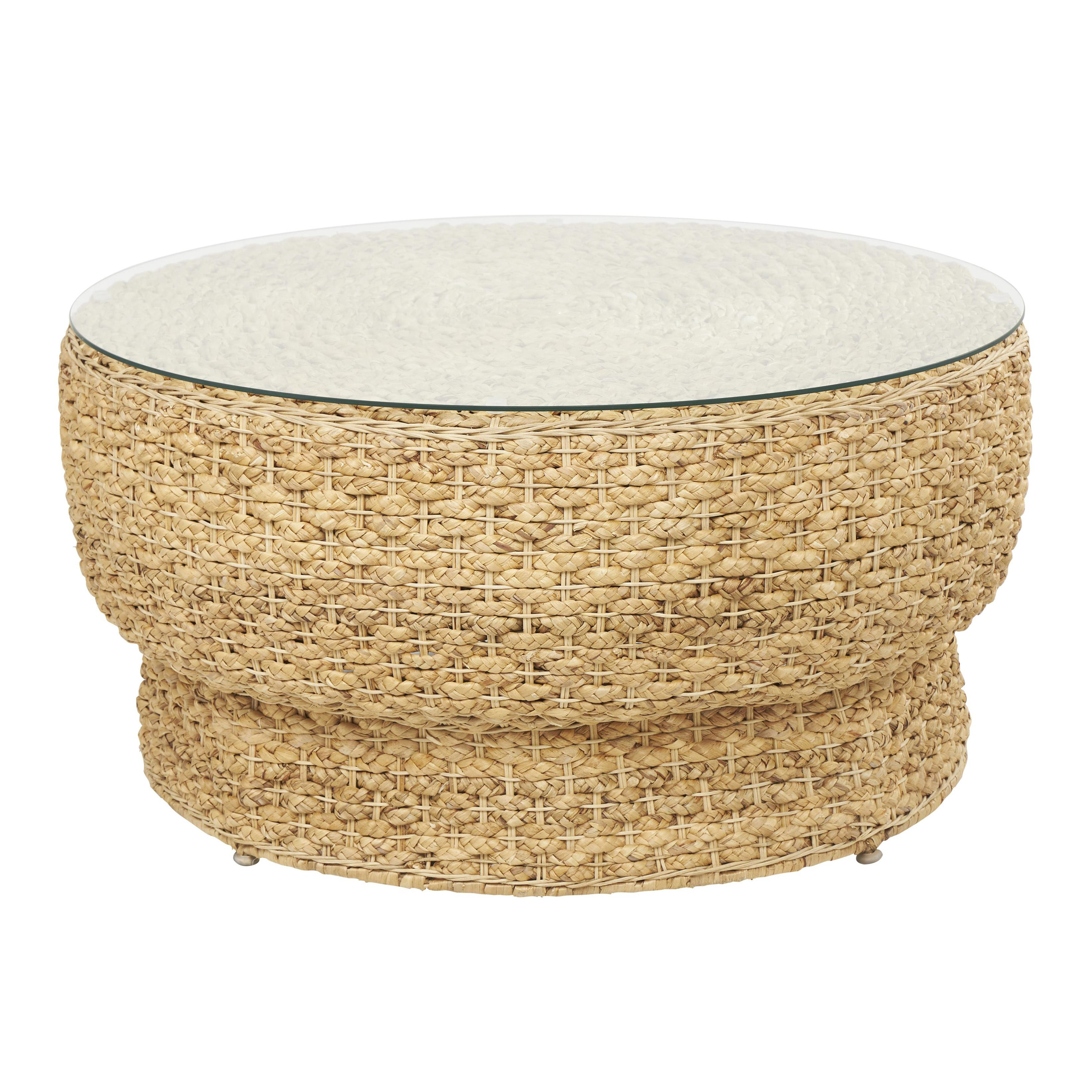 Yuscaran Round Natural Rattan and Glass Top Coffee Table | World Market