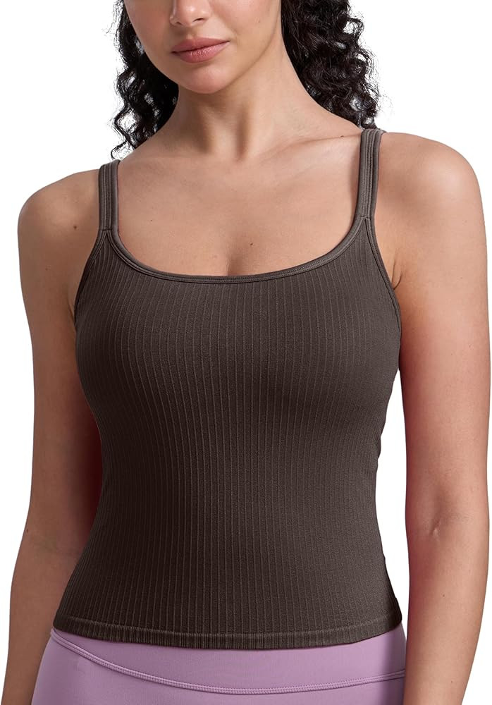 CRZ YOGA Seamless Womens U Neck Longline Sports Bra - Thin Strap Padded Workout Crop Tank Ribbed ... | Amazon (US)