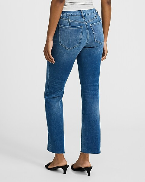 High Waisted Medium Wash Flexx Raw Hem Straight Ankle Jeans | Express