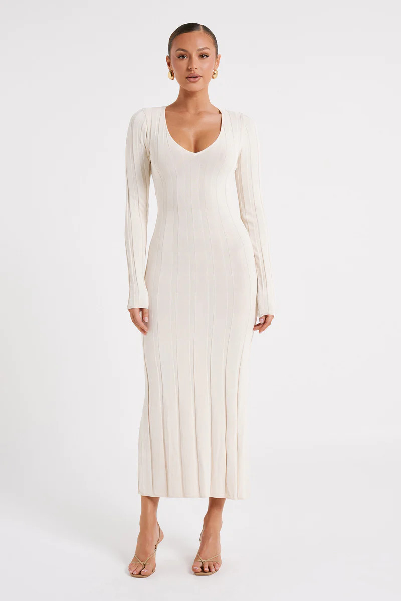 Ciara Ribbed Maxi Dress - Ivory | MESHKI US