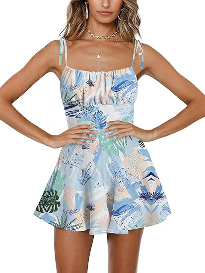Jeanewpole1 Women's Floral Wide Leg Rompers Spaghetti Strap Tie Ruffle Short Jumpsuits | Amazon (US)