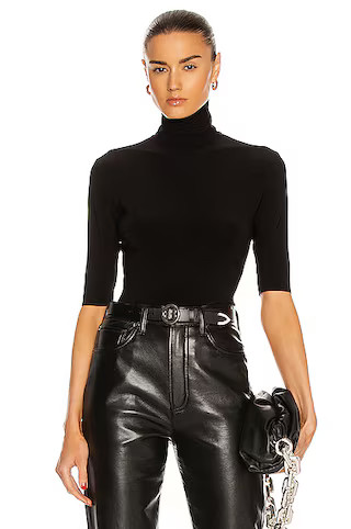 Norma Kamali Slim Fit Short Sleeve Turtleneck Top in Black | FWRD | FWRD 