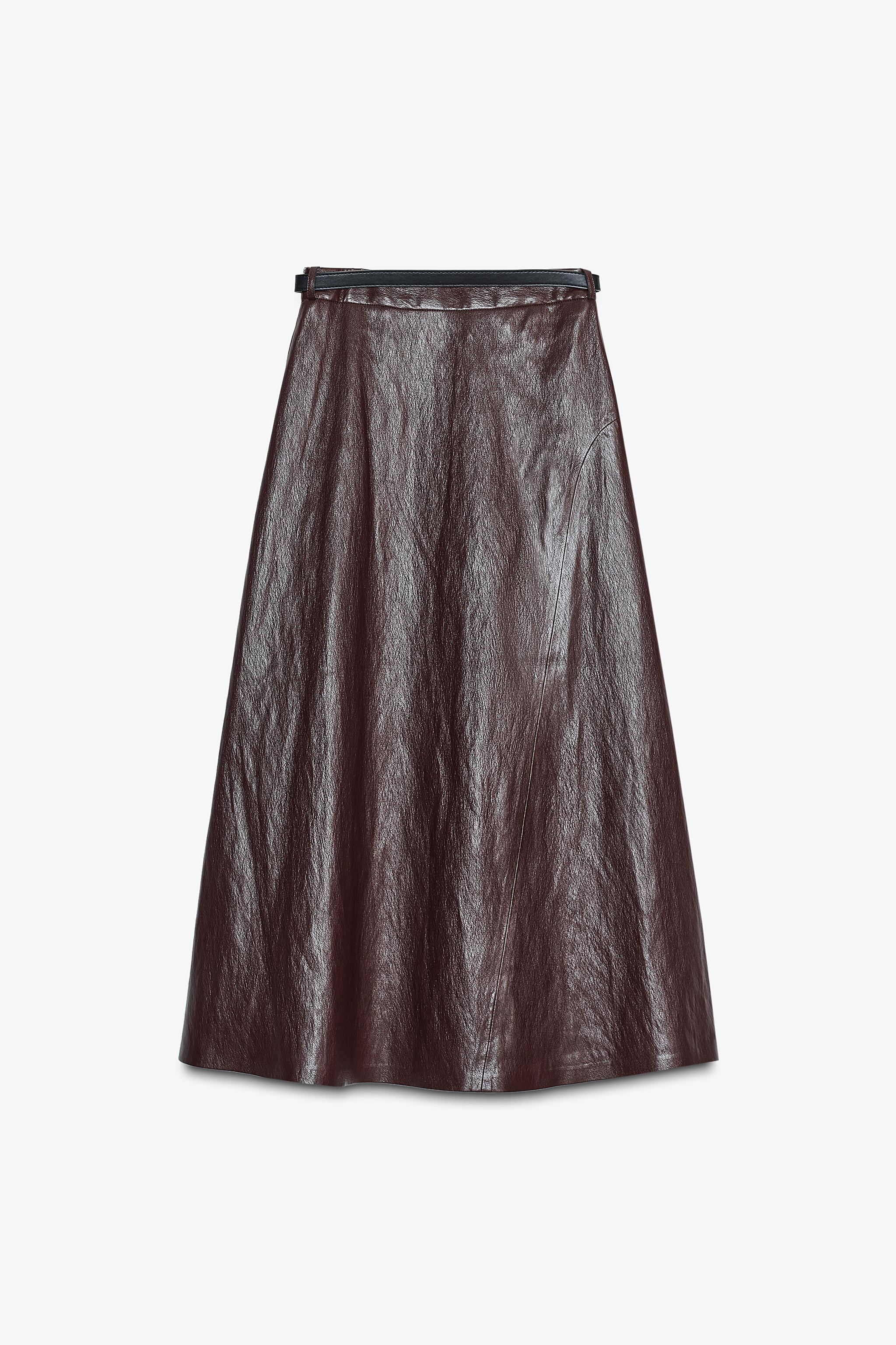FAUX LEATHER BELTED MIDI SKIRT | Zara US