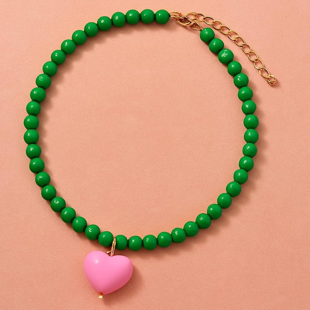 Heart Necklaces For Women, Green Beaded Pink Heart Pendant Choker Necklace Summer Y2K Cute Statem... | Amazon (US)