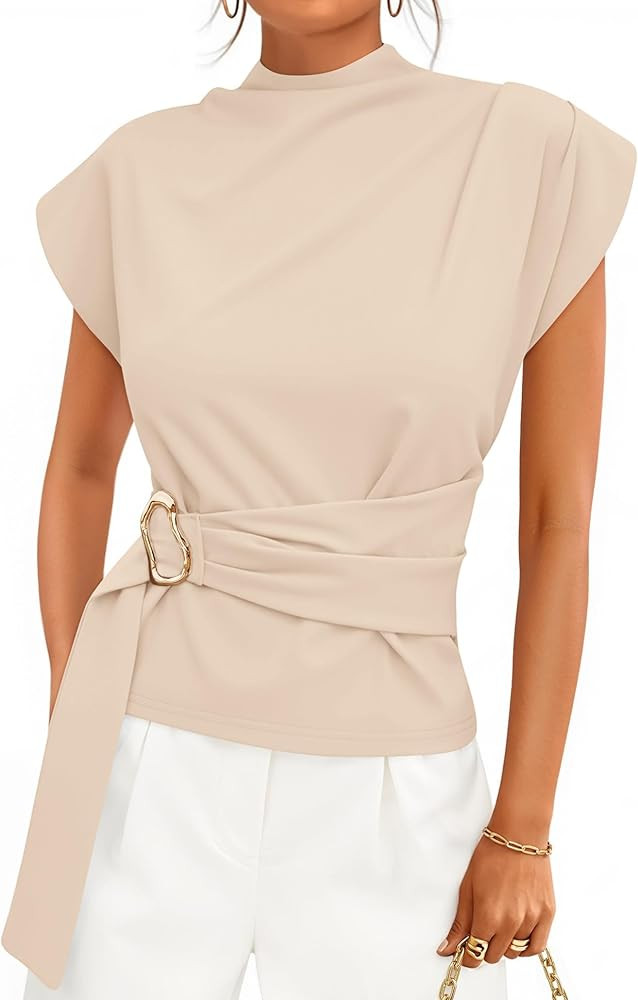 ZESICA Women's 2026 Summer Cap Sleeve Blouse Mock Neck Business Casual Tops Spring Dressy Tunic W... | Amazon (US)