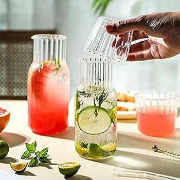 Sizikato 15 Oz Clear Striped Glass Bedside Night Water Carafe with Tumbler Glass. | Amazon (US)