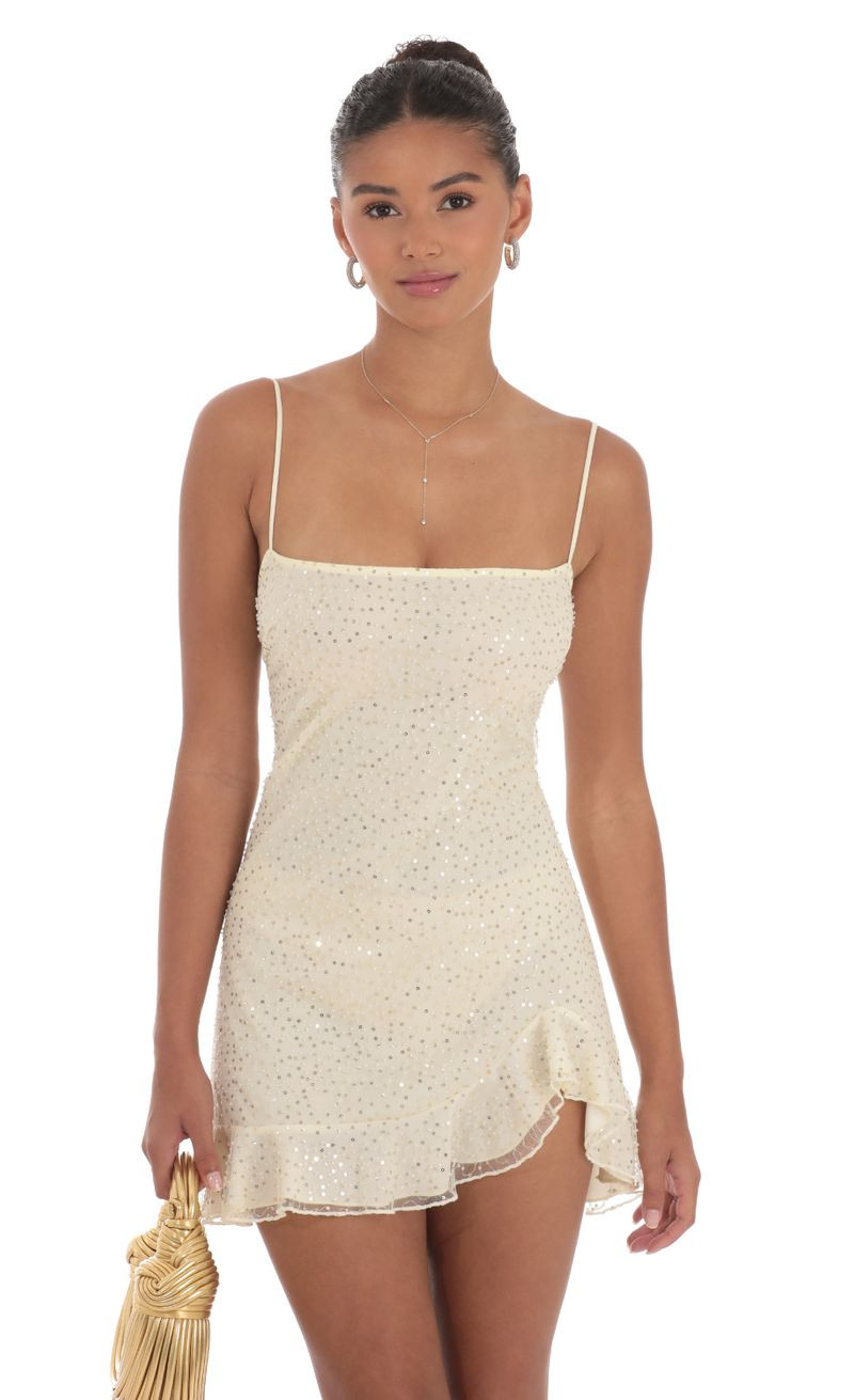 Sequin Ruffle Dress in Pale Yellow | Lucy in the Sky