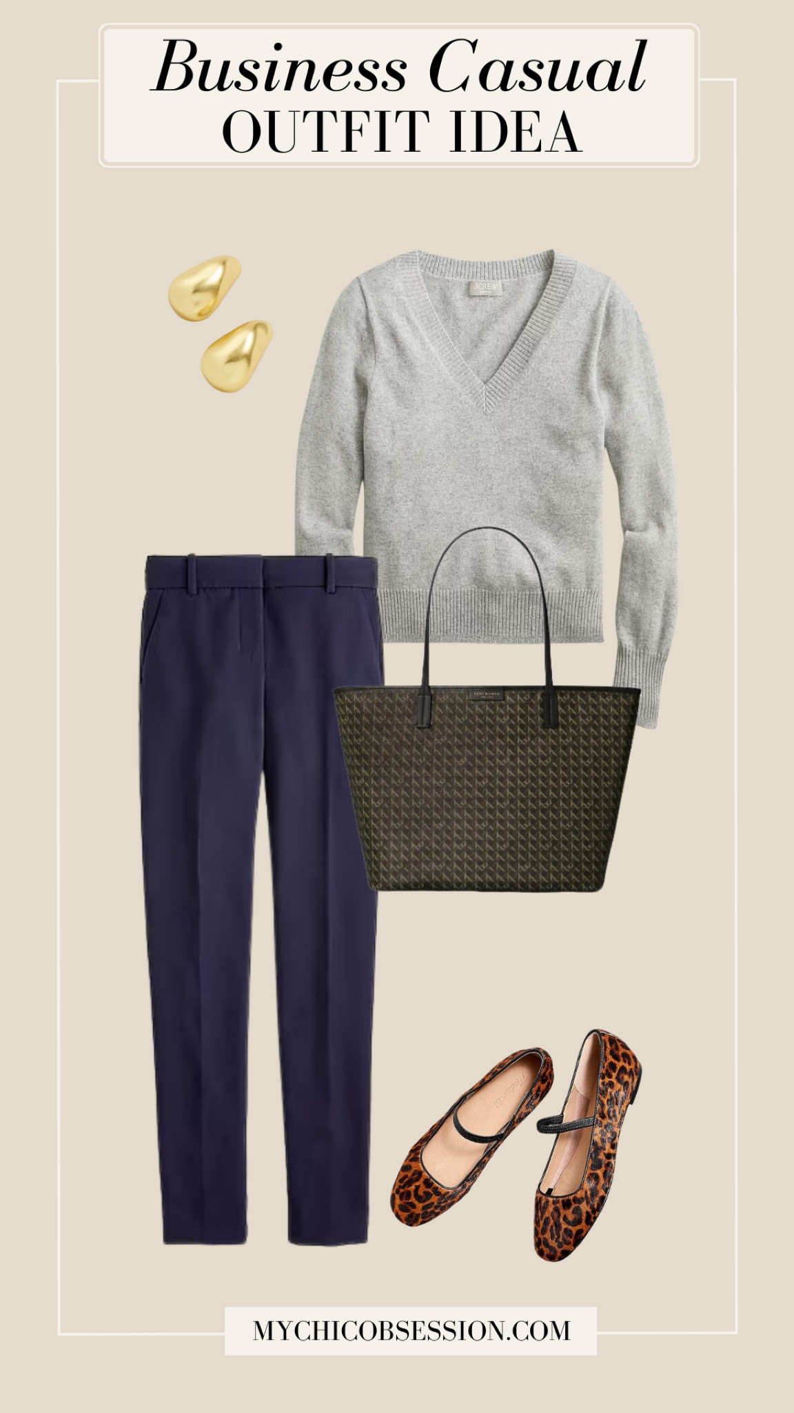 Classic colors and patterns are the base of this business casual look. Navy trousers paired with a gray cashmere sweater go well with a pair of leopard print Mary Jane’s, a patterned tote, and gold earrings. Plus, these are all great capsule wardrobe pieces.

#LTKstyletip #LTKSeasonal #LTKworkwear