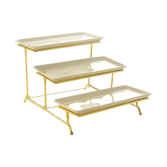 3 Tier Rectangular Serving Platter Stand Set with 3 Porcelain Serving Platters | Walmart (US)