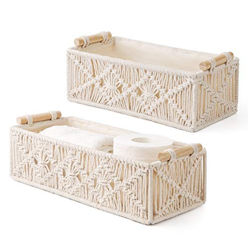 Mkono Macrame Storage Baskets Boho Decor Box Handmade Woven Decorative Countertop Toilet Tank Shelf Cabinet Organizer for Bedroom Livingroom Home, Set of 2, Ivory | Amazon (US)