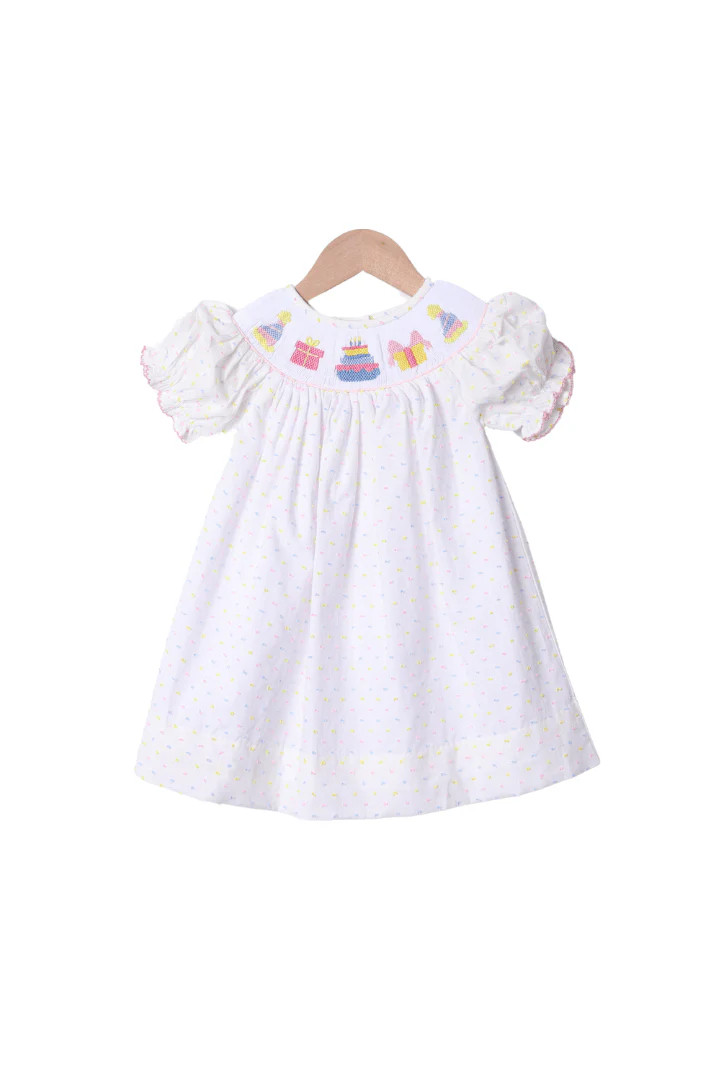 Smocked Birthday Celebration Pastel Swiss Dot Dress | The Smocked Flamingo
