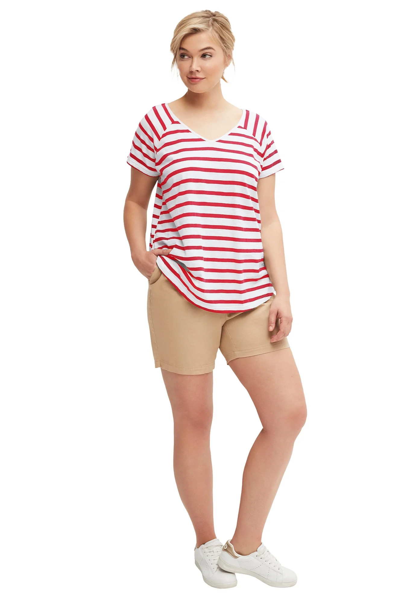 ellos Women's Plus Size Rounded V-Neck Tee - 1X, Chili Red White Stripe | Walmart (US)