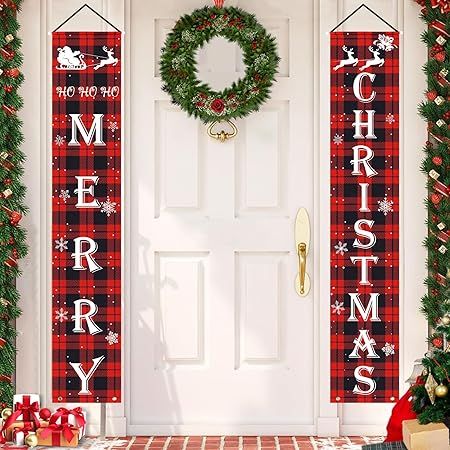 JaosWish Merry Christmas Decorations Banner, Christmas Porch Sign Red Plaid Hanging Banners for I... | Amazon (US)