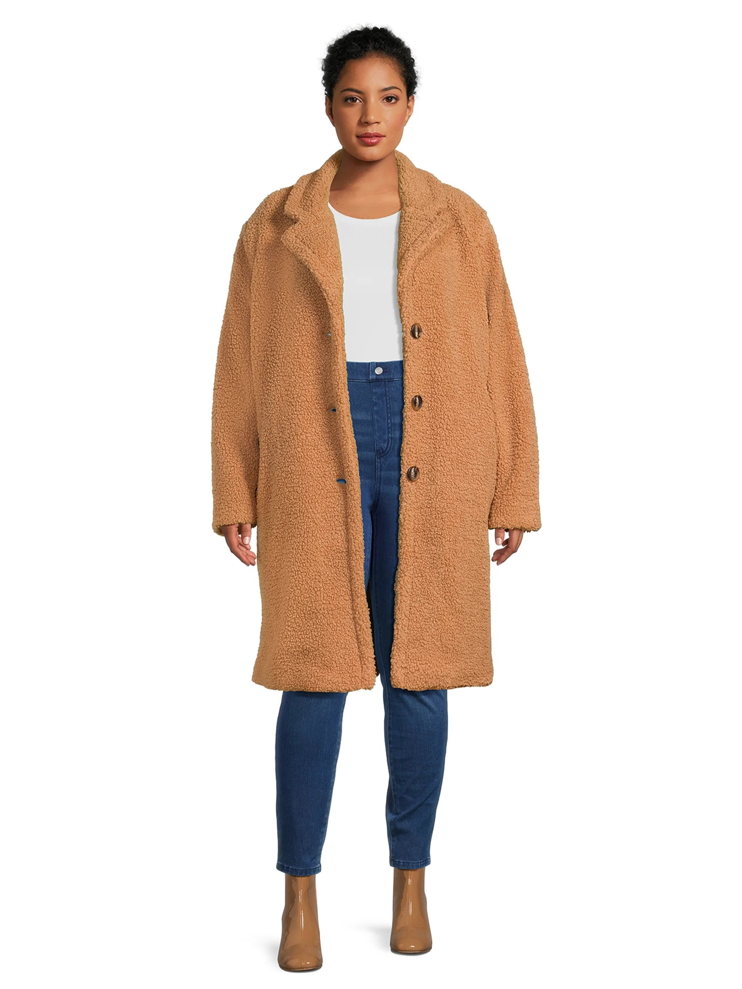 Time and Tru Women's Plus Size Notch Collar Faux Sherpa Coat, Sizes 1X-3X | Walmart (US)
