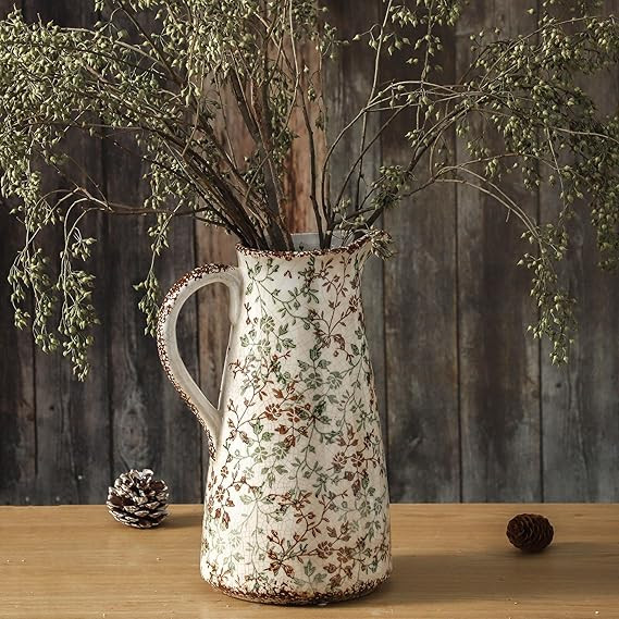 Enra Pitcher vase with Handle,12.2 in Ceramic Vintage Chinoiserie Floral Vase,Green and Beige Dec... | Amazon (US)