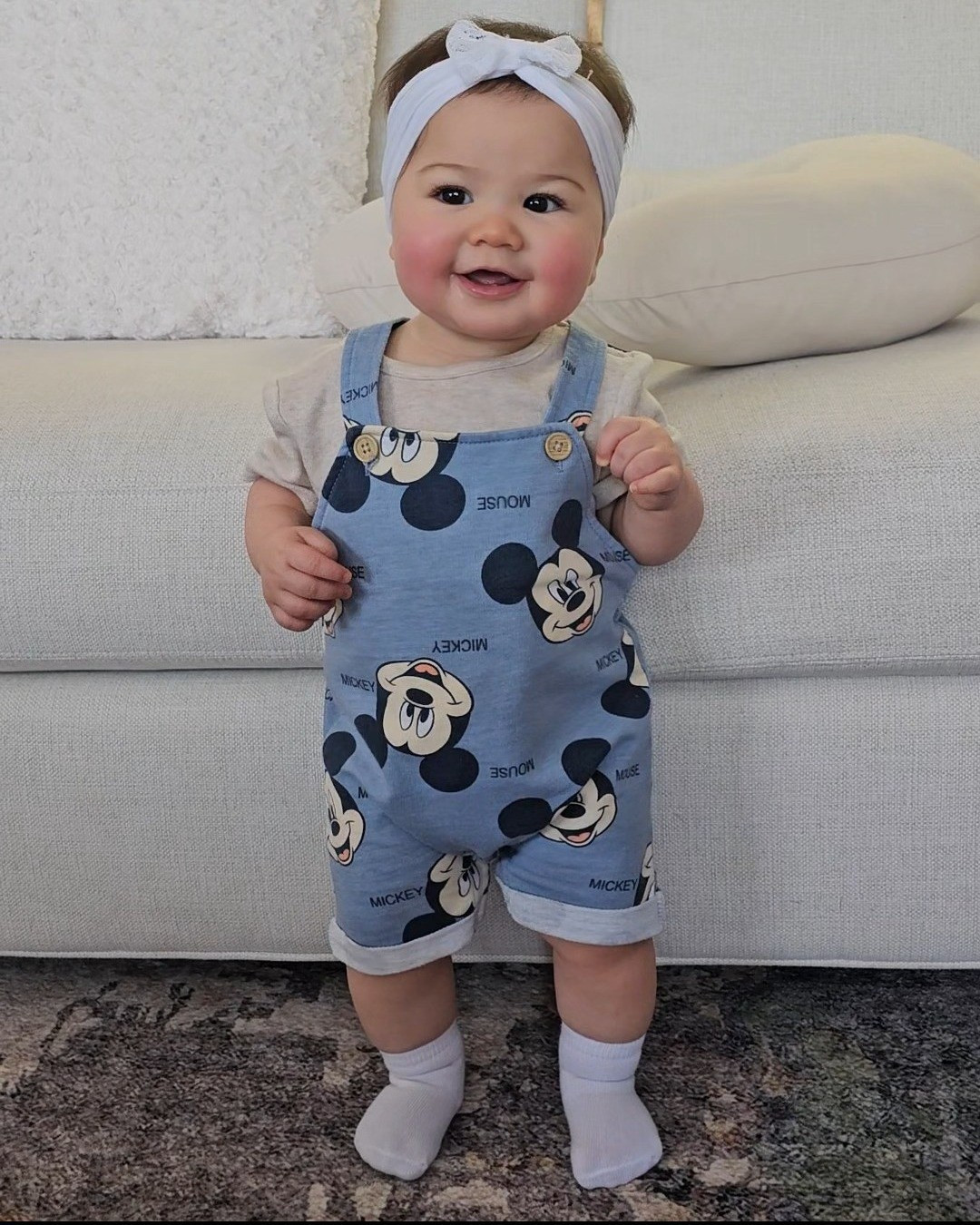 Beige t shirt, mesh lace bow head band, mickey mouse overalls, white socks

#LTKootd #LTKgrwm #LTKBaby
