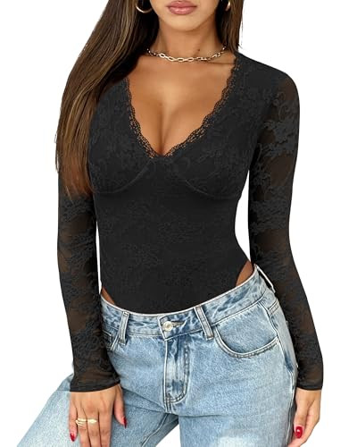 Amazon.com: Saslax Women's Lace Bodysuit Sexy Deep V Neck Long Sleeve Body Suits Slim Fit Double ... | Amazon (US)