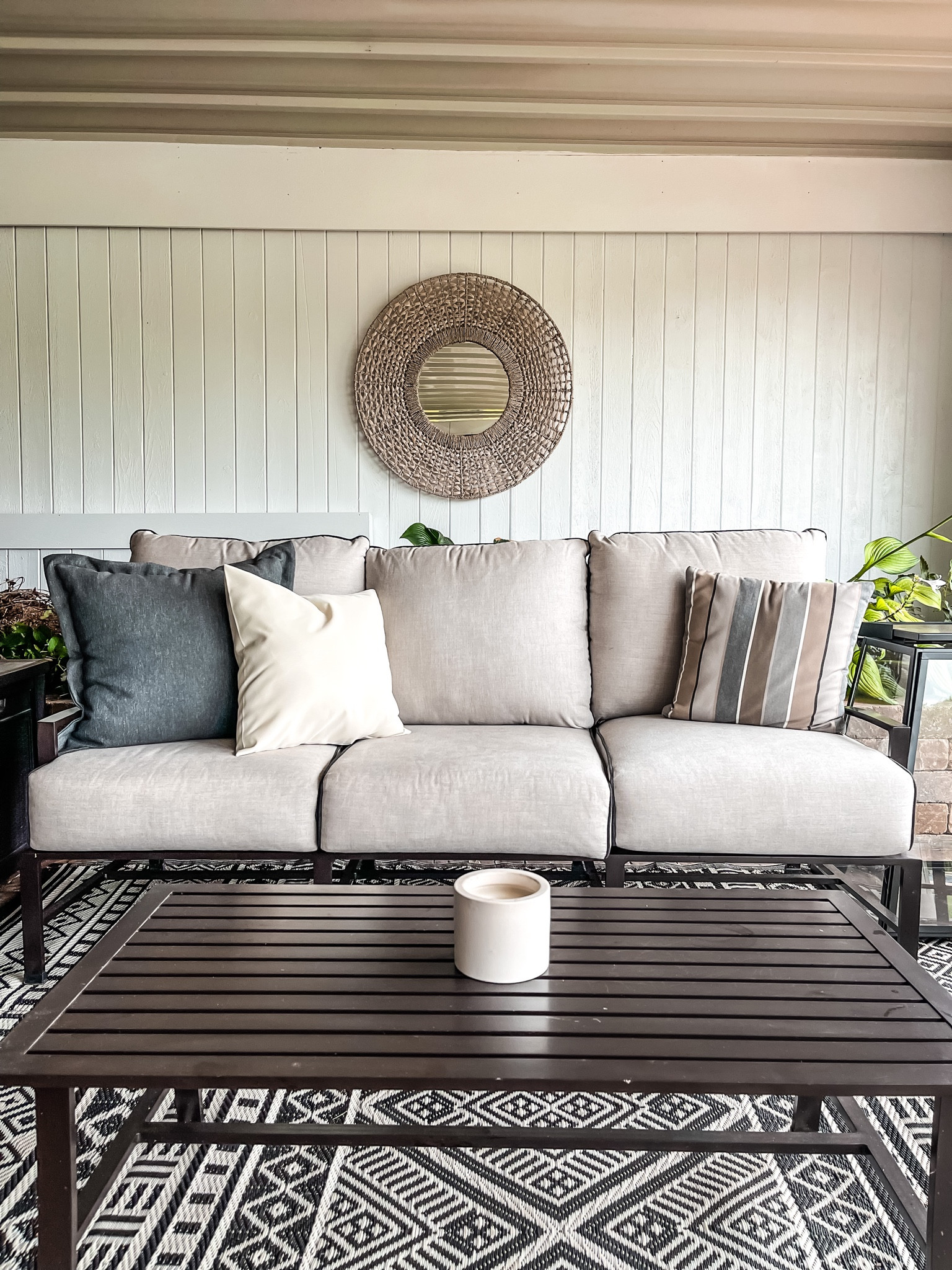 Covered outdoor patio furniture 
- steel couch frame • sunbrella cushions
- outdoor coffee table 
- round sea grass weave mirror
- huge black indoor/ outdoor lantern ( perfect if you have a big porch too!)
- black and white straw rug
- Walmart wicker and black patio set under 800!🖤


#LTKsalealert #LTKhome #LTKSeasonal