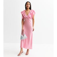 Women's Pink Satin Ruffled Midi Dress New Look | New Look (UK)