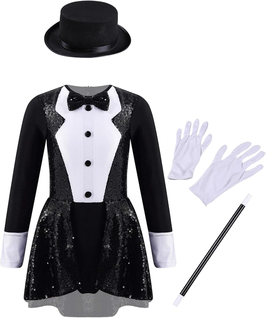 Aislor Kids Girls Magician Costume Halloween Cosplay Outfit Long Sleeve Leotard Dress with Hat Ma... | Amazon (US)