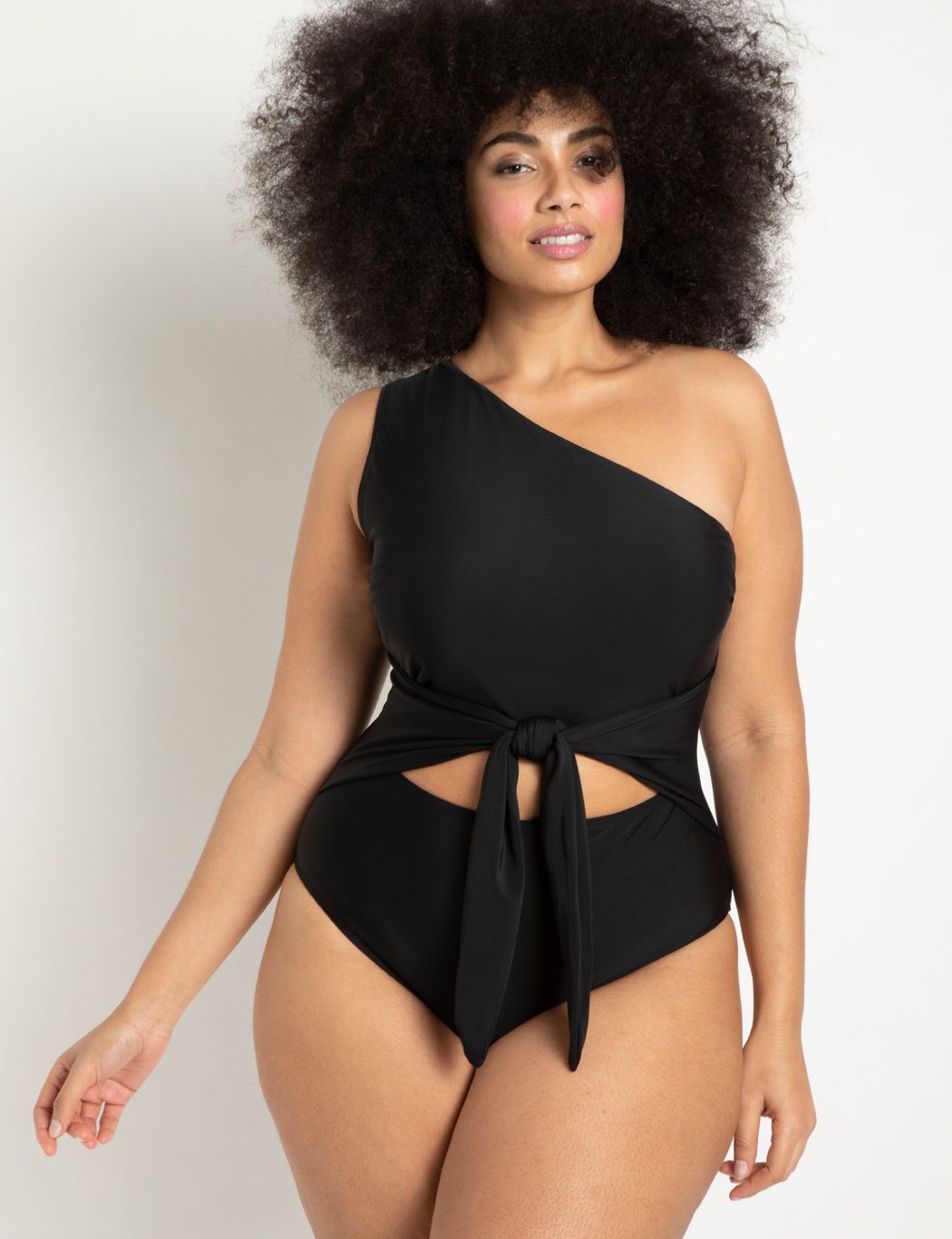 One Shoulder Tie Front Swimsuit | Women's Plus Size Swimwear | ELOQUII | Eloquii