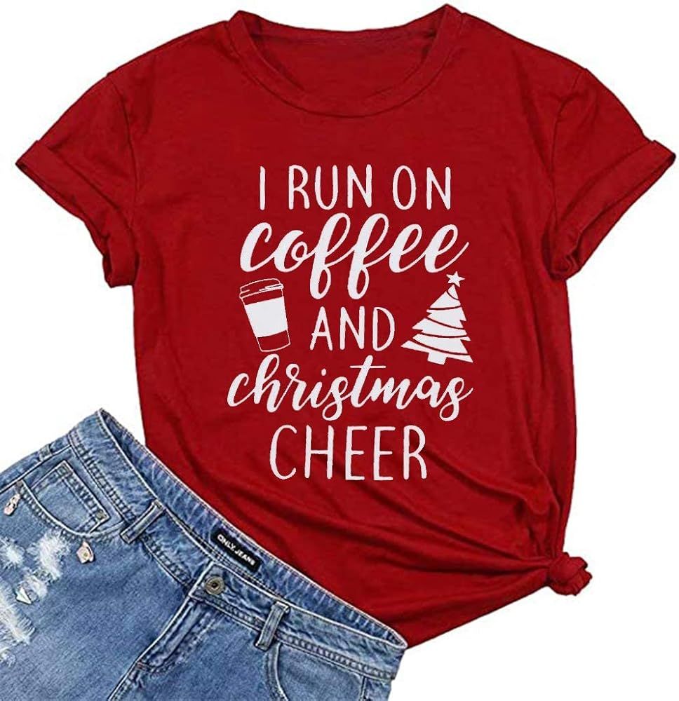 LUKYCILD Christmas Shirts for Women I Run On Coffee and Christmas Cheer Shirt Short Sleeve Holida... | Amazon (US)