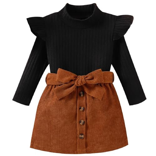 AMAWMW Toddler Baby Girl Fall Winter Clothes Long Sleeve Ruffle Shirt Corduroy Mini Skirt Infant Girl A-line Dress Outfit | Amazon (US)