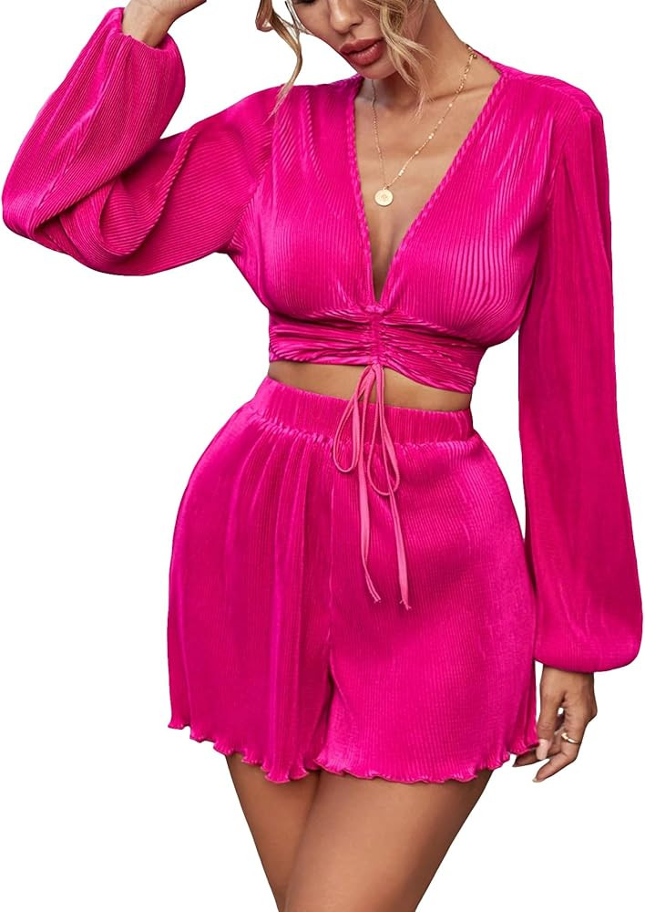 MakeMeChic Women's 2 Piece Outfit Deep V Neck Long Lantern Sleeve Drawstring Front Crop Top and L... | Amazon (US)