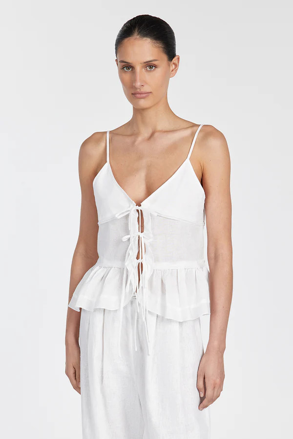 MIMI WHITE LINEN TIE FRONT TOP | DISSH