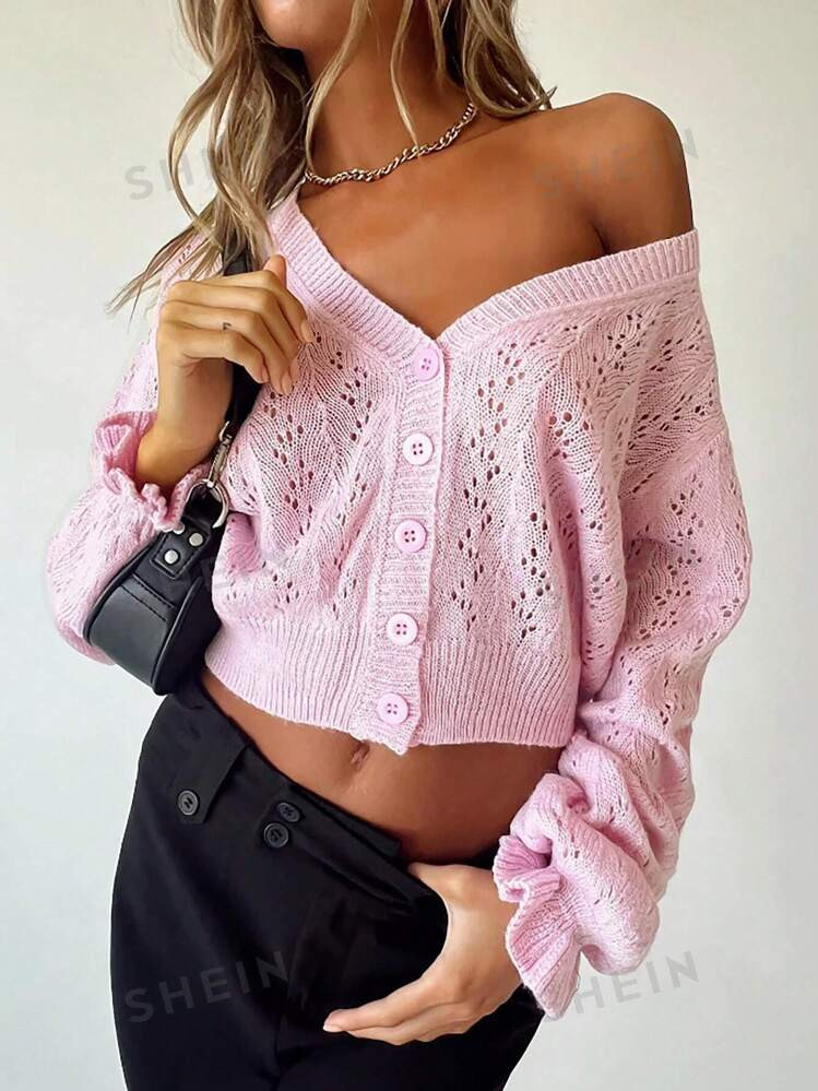 SHEIN EZwear Women's V-Neck Knitted Short Cardigan, Cute Pink, Suitable For Fall, Winter, And Spr... | SHEIN