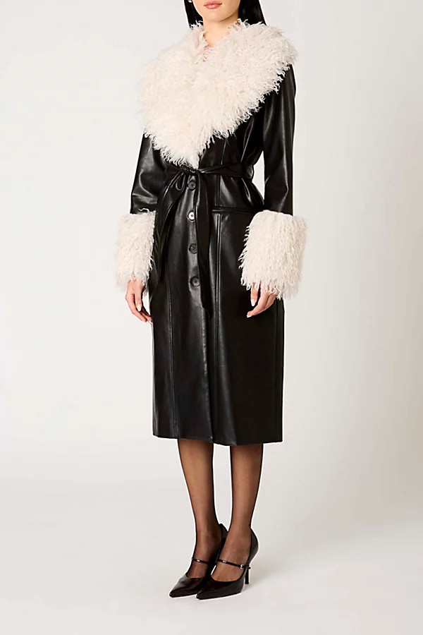 NIA Orla Black Faux Leather Mid-Length Faux Fur Trim Jacket in Black, Women's at Urban Outfitters | Urban Outfitters (US and RoW)