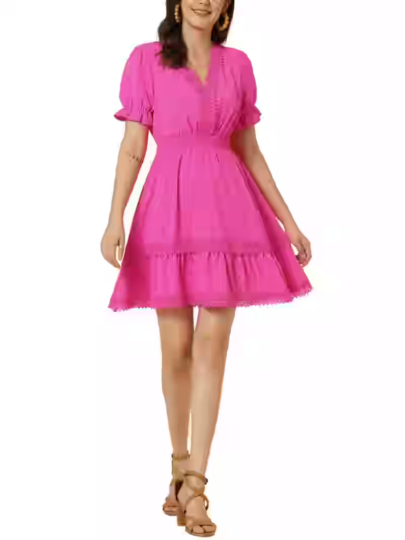 Allegra K Women's Solid V Neck Smocked Elastic Waist Short Sleeve Mini Dress L Hot Pink | Walmart (US)