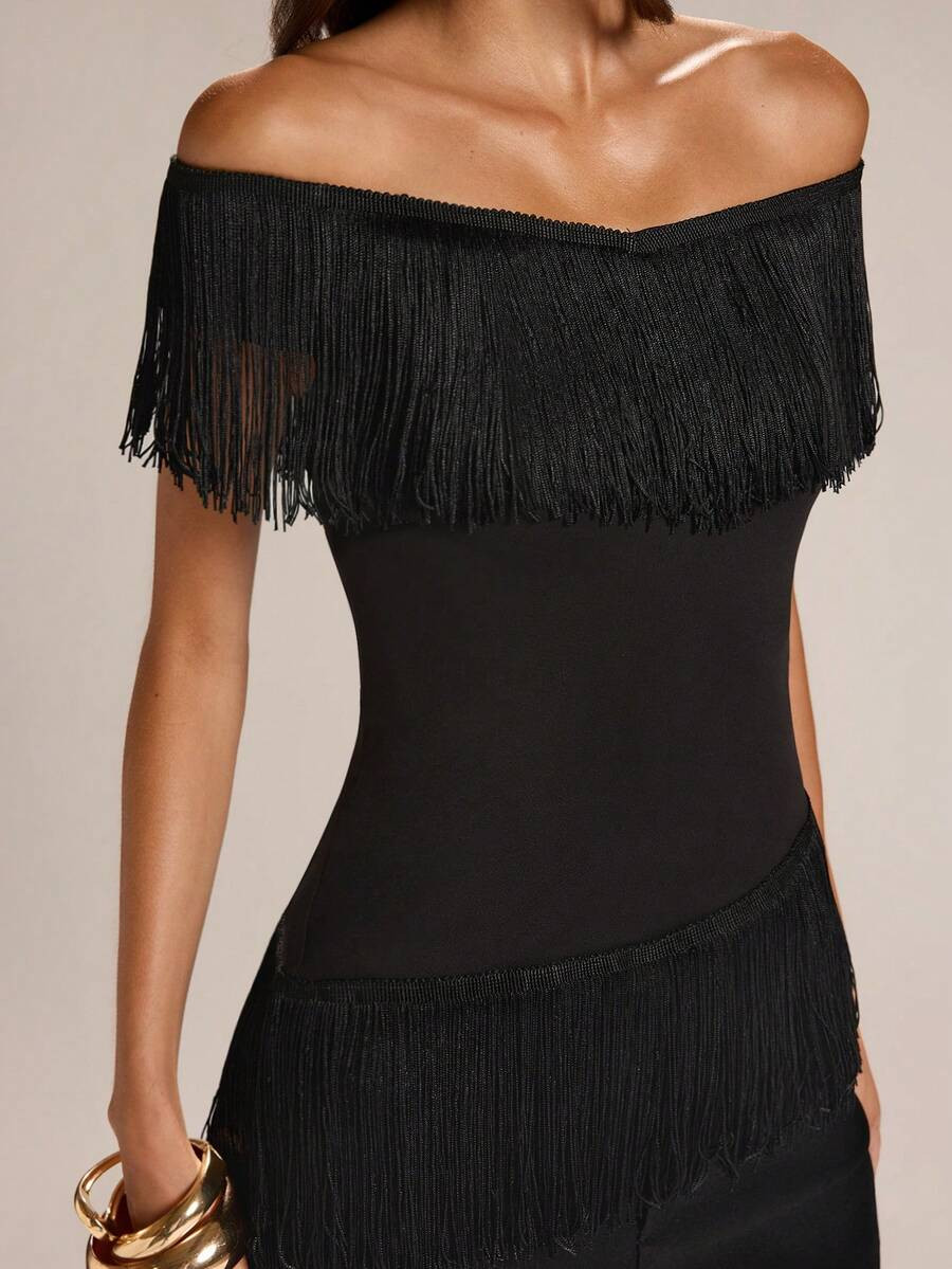SHEIN BAE Women's Black Summer Off Shoulder Fringe Top,70's Night Out Club Party Disco Elegant Fringed Shirt,Casual Versatile Daily Wear Holiday Attire | SHEIN