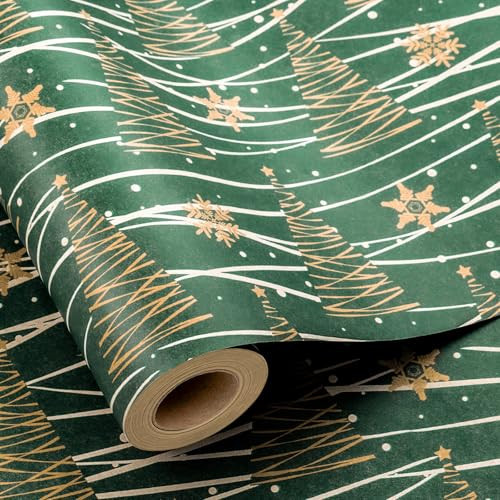 Yarcony Kraft Christmas Tree Wrapping Paper - 17 Inch X 33 Feet - Creative Recyclable Festival Green Christmas Tree w/Elegant Line Drawing Design Winter Gift Wrap Paper for Holiday, Party Celebration | Amazon (US)