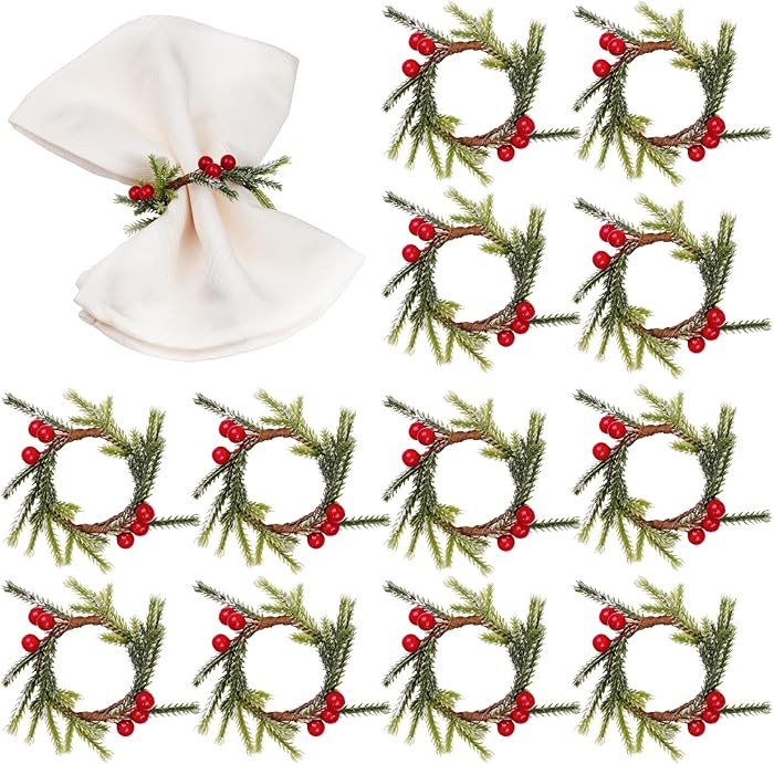 Napkin Rings Set of 12, Rustic Napkin Ring Serviette Holders Handmade Red Berry Table Decorations... | Amazon (US)