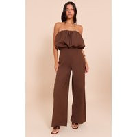 Dark Chocolate Cotton Puffball Bandeau Straight Leg Jumpsuit | PrettyLittleThing US