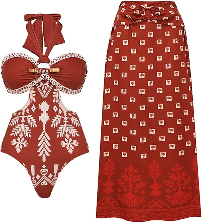 FLAXMAKER Retro Halter O Ring Decoration Printed Cut Out Ethnic Style One Piece Swimsuit and Skir... | Amazon (US)