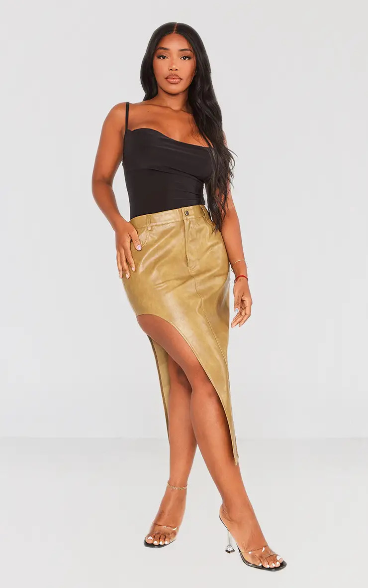 Khaki Washed Faux Leather Asymmetric Midaxi Skirt | PrettyLittleThing USA | PrettyLittleThing US
