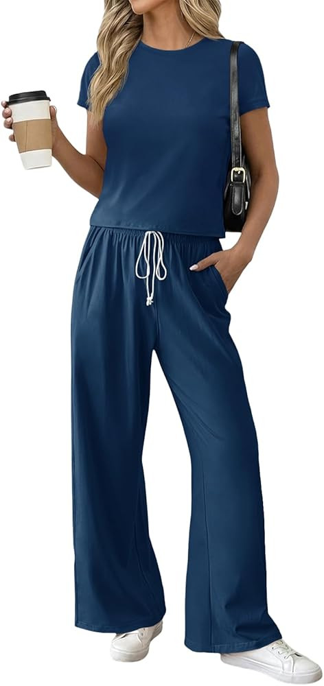 Fisoew Women 2 Piece Lounge Sets 2026 Casual Summer Outfits Short Sleeve Crop Tops Wide Leg Sweat... | Amazon (US)