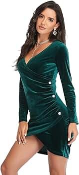 Riatobe Womens Long Sleeve Velvet Bodycon V Neck Wrap Ruched Dresses for Cocktail Party Wedding G... | Amazon (US)