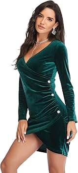 Riatobe Womens Long Sleeve Velvet Bodycon V Neck Wrap Ruched Dresses for Cocktail Party Wedding G... | Amazon (US)