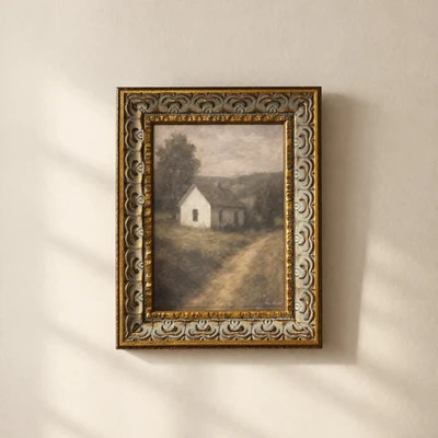 White Farmhouse | Antique Inspired Gold Leaf Crowned Framed Art | luxe bCO