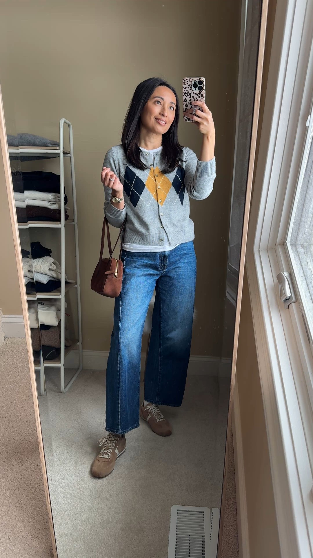 Winter outfit. Cardigan (size up) layered over t-shirt. Barrel jeans (size up). 
Suede bag. 
Suede sneakers. Slim profile. True to size  

#LTKOver40 #LTKootd