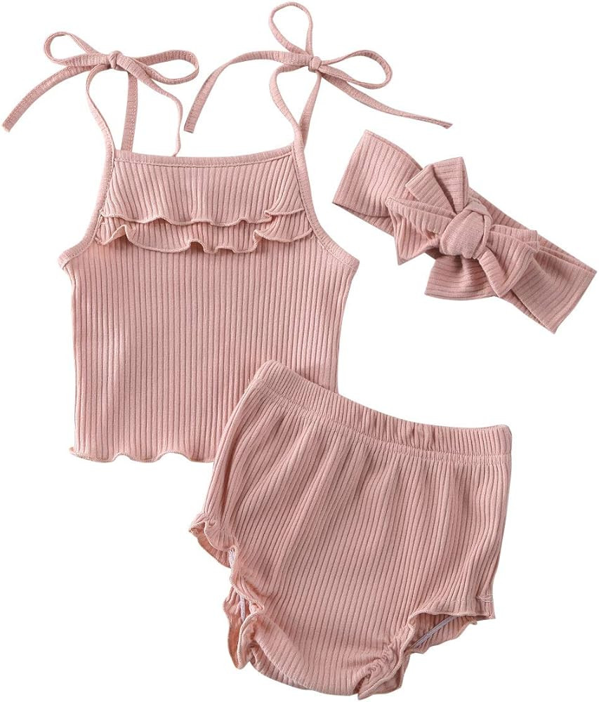 Newborn Infant Baby Girl Knitted Clothes Ruffled Vest Top Shorts Headband 3Pcs Ribbed Outfit Set | Amazon (US)